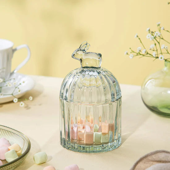 Glasskål med lokk hare 15 cm grønn klar